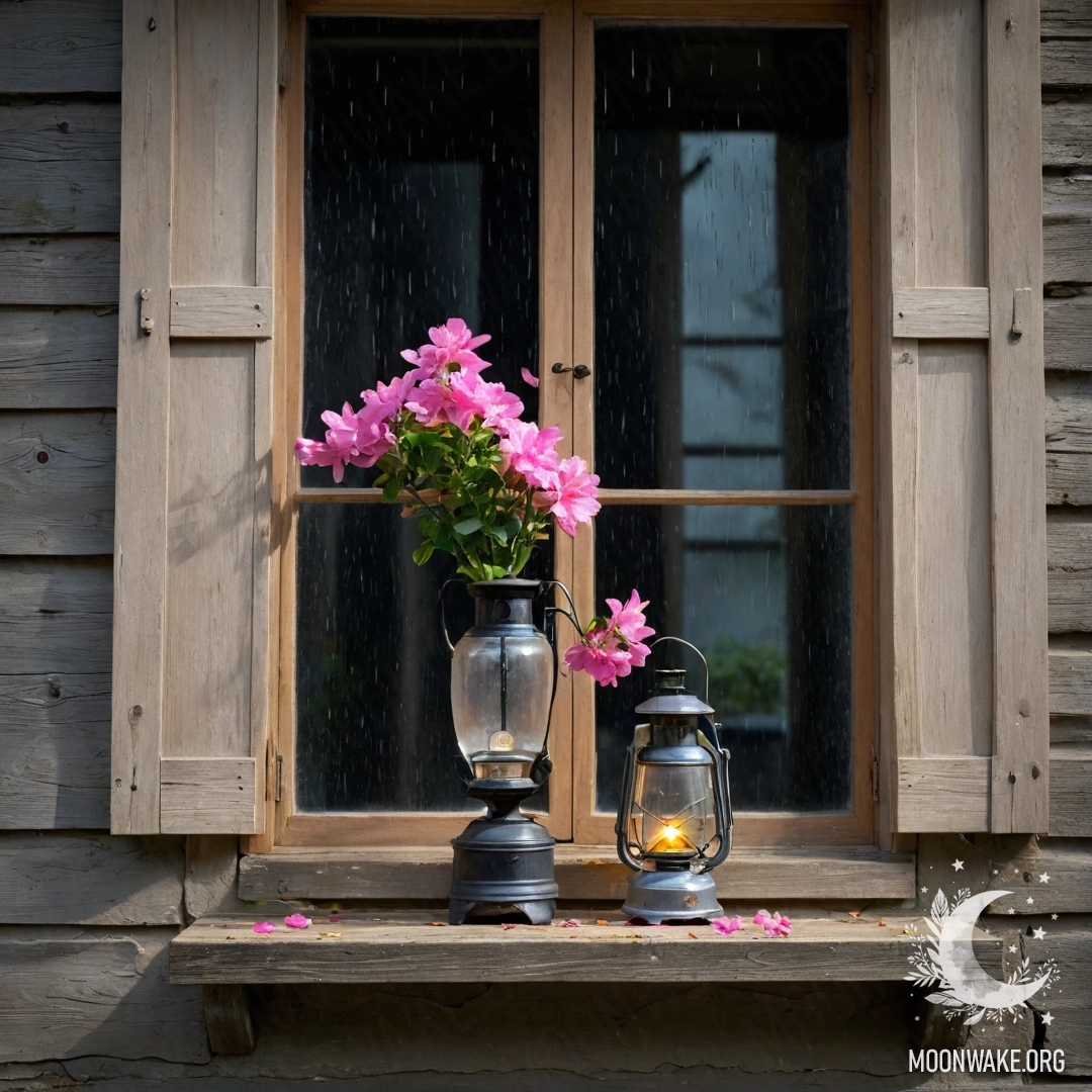 Cozy Shabby Door with Floral Accents A shabby door adorned with twigs and flowers, illuminated by a garland of lights.