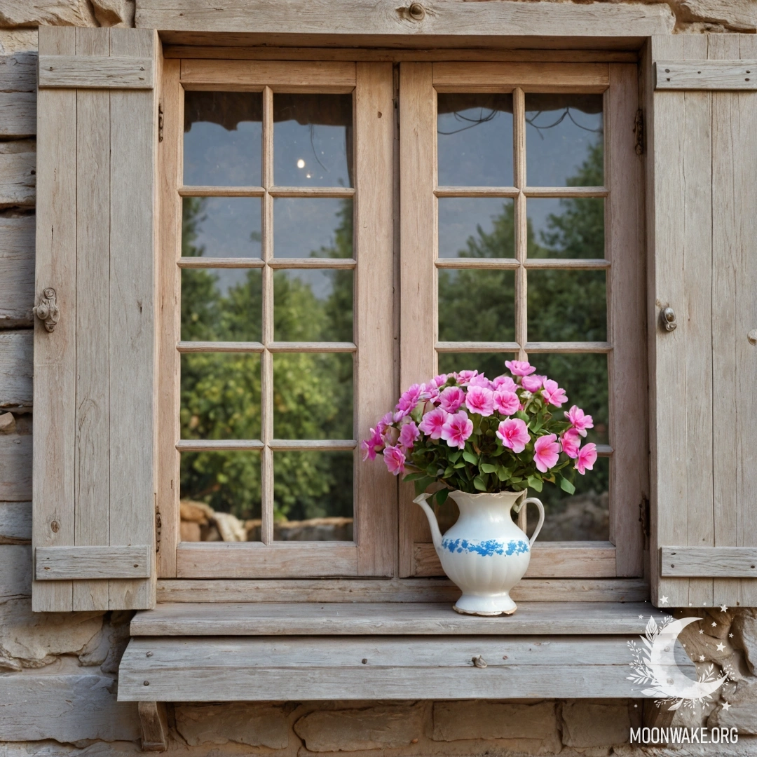 A shabby door adorned with twigs and flowers on the handle.
