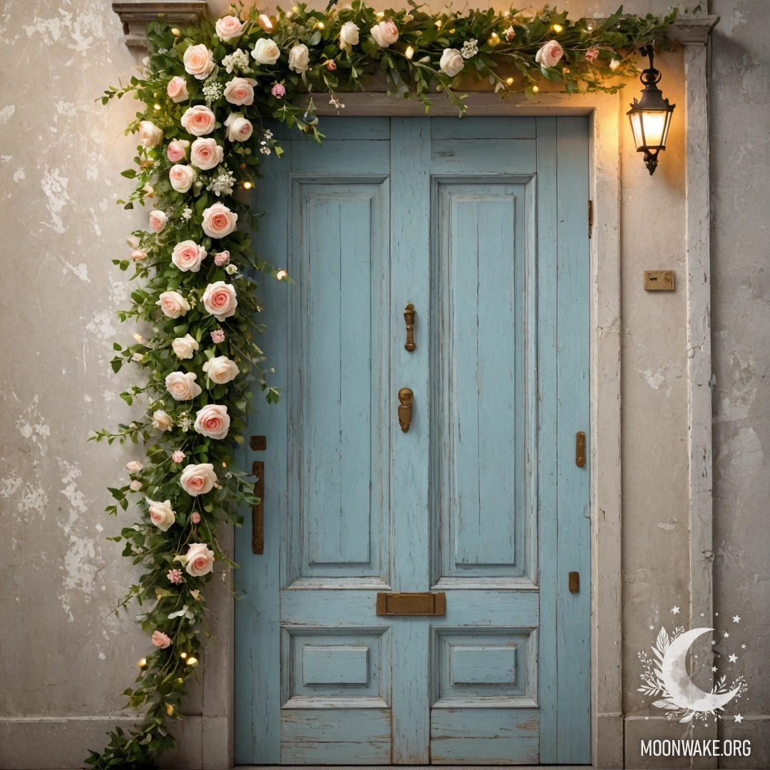 Cozy Shabby Door Decorated with Flowers A shabby door with twigs and flowers on the handle, illuminated by garland lights.