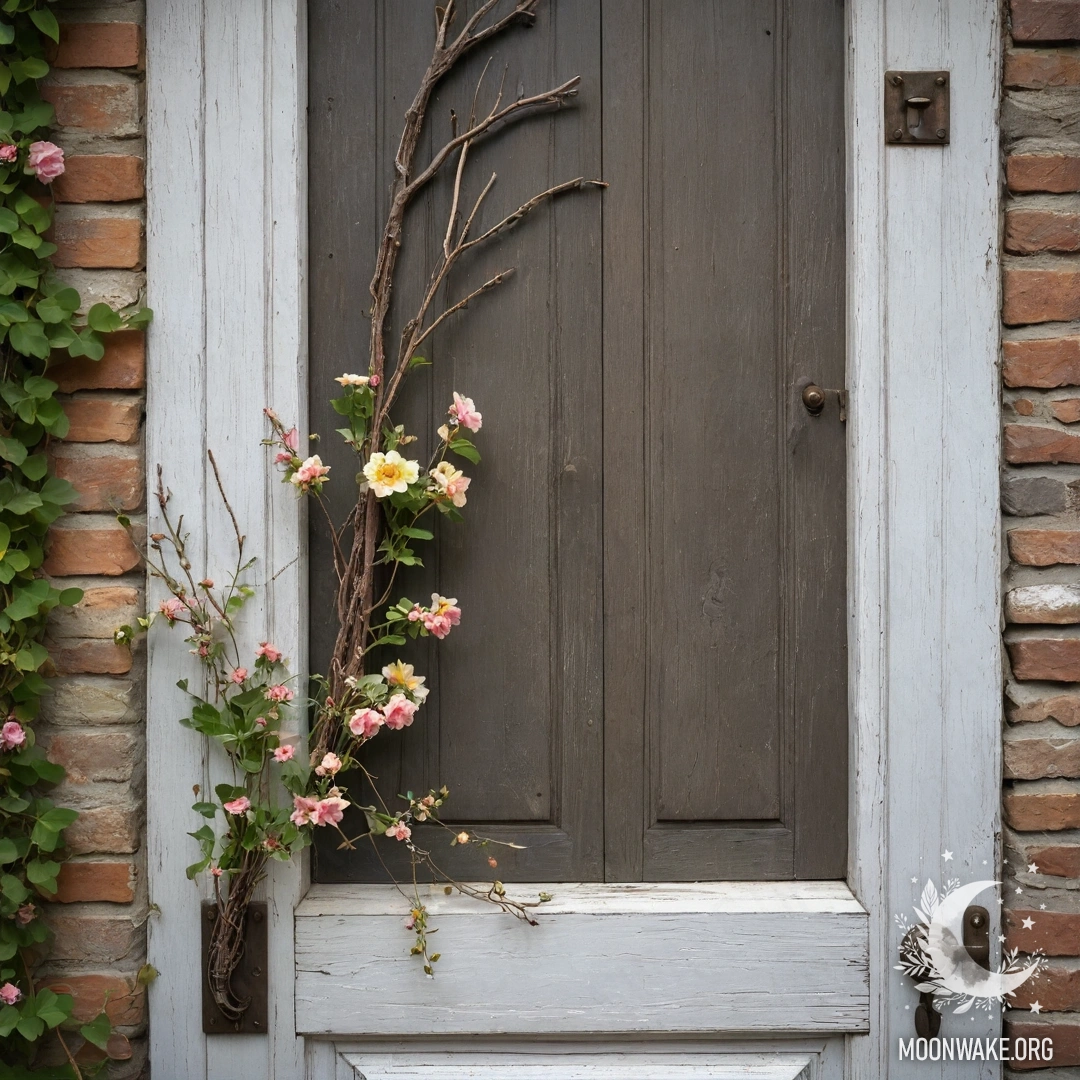Cozy Shabby Door with Floral Accents A shabby door adorned with twigs and flowers on the handle.