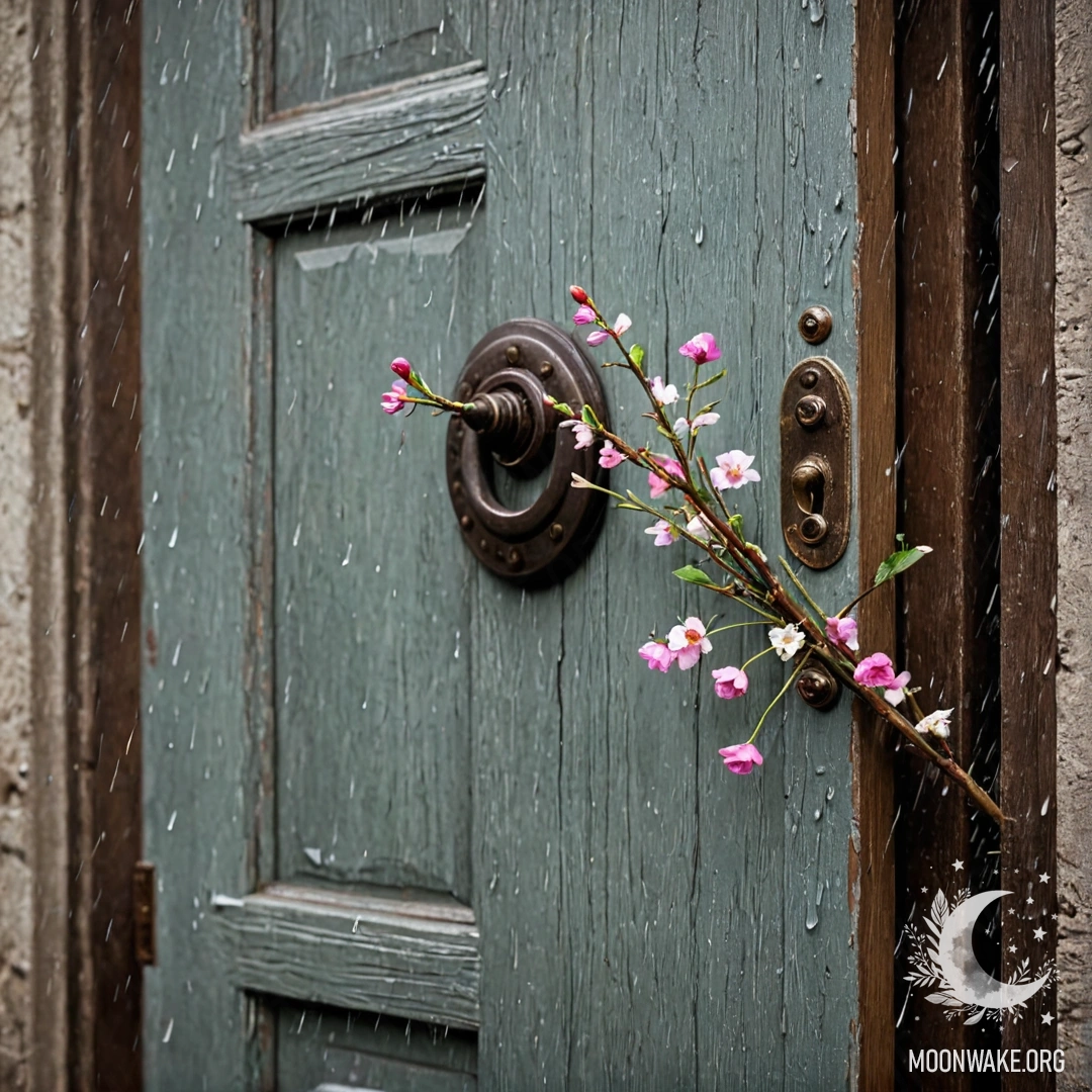 A shabby door adorned with twigs and flowers, dampened by rain.