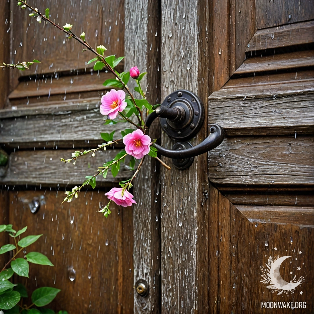 Cozy Shabby Door with Flowers A shabby door adorned with twigs and flowers, draped in rain.