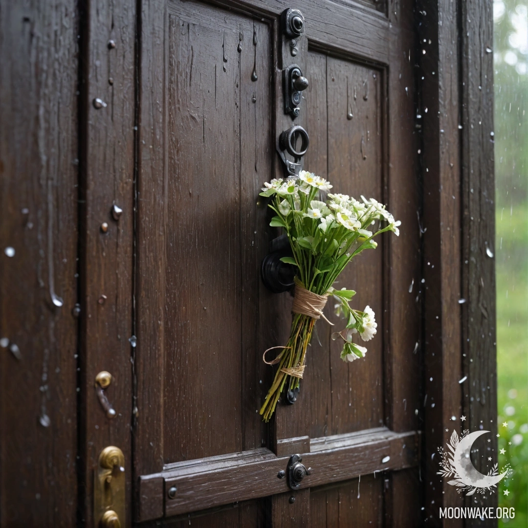 A shabby door with twigs and flowers on the handle, rain falling.