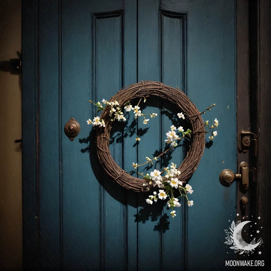 A shabby door adorned with twigs and flowers on the handle at night.