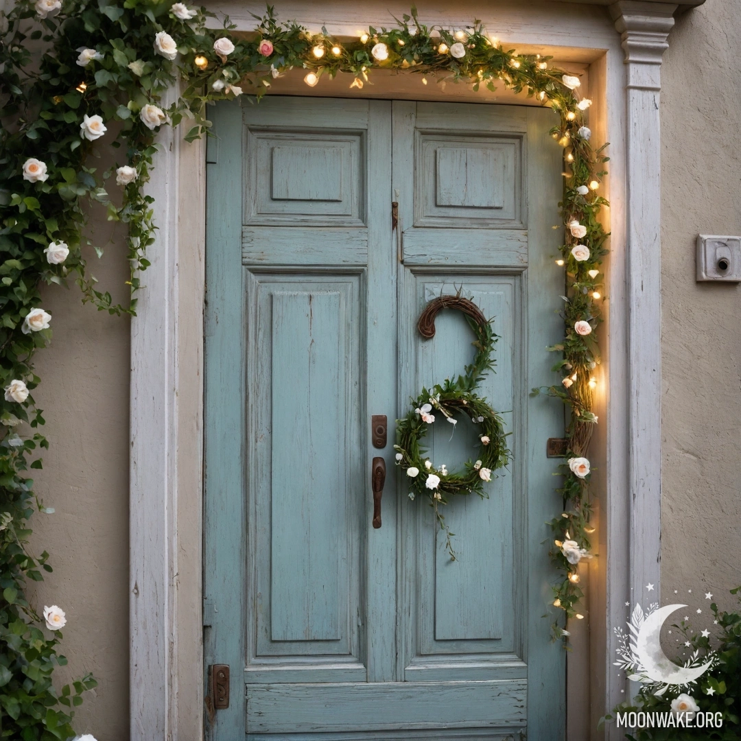 A cozy shabby door adorned with twigs and flowers on the handle, illuminated by garland lights.