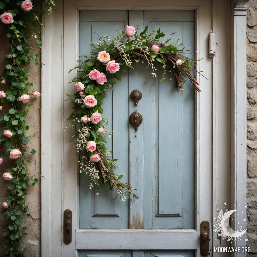A shabby door adorned with twigs and flowers on the handle, illuminated by a garland light.