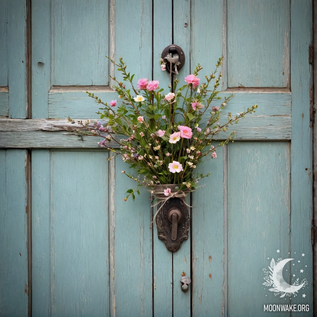 Cozy Shabby Door with Floral Touch A shabby door adorned with twigs and flowers on the handle.