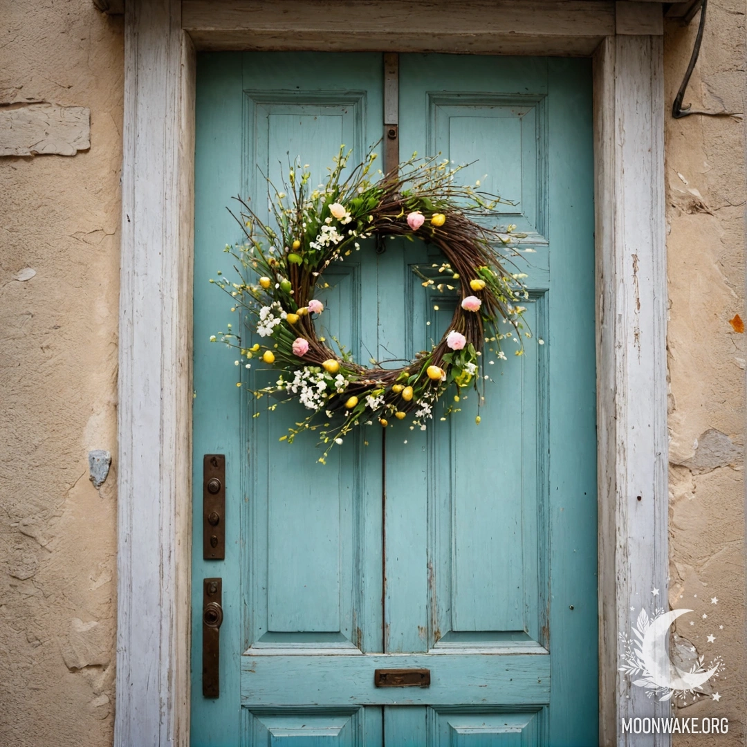 A shabby door adorned with twigs and flowers on the handle, illuminated by a garland light.