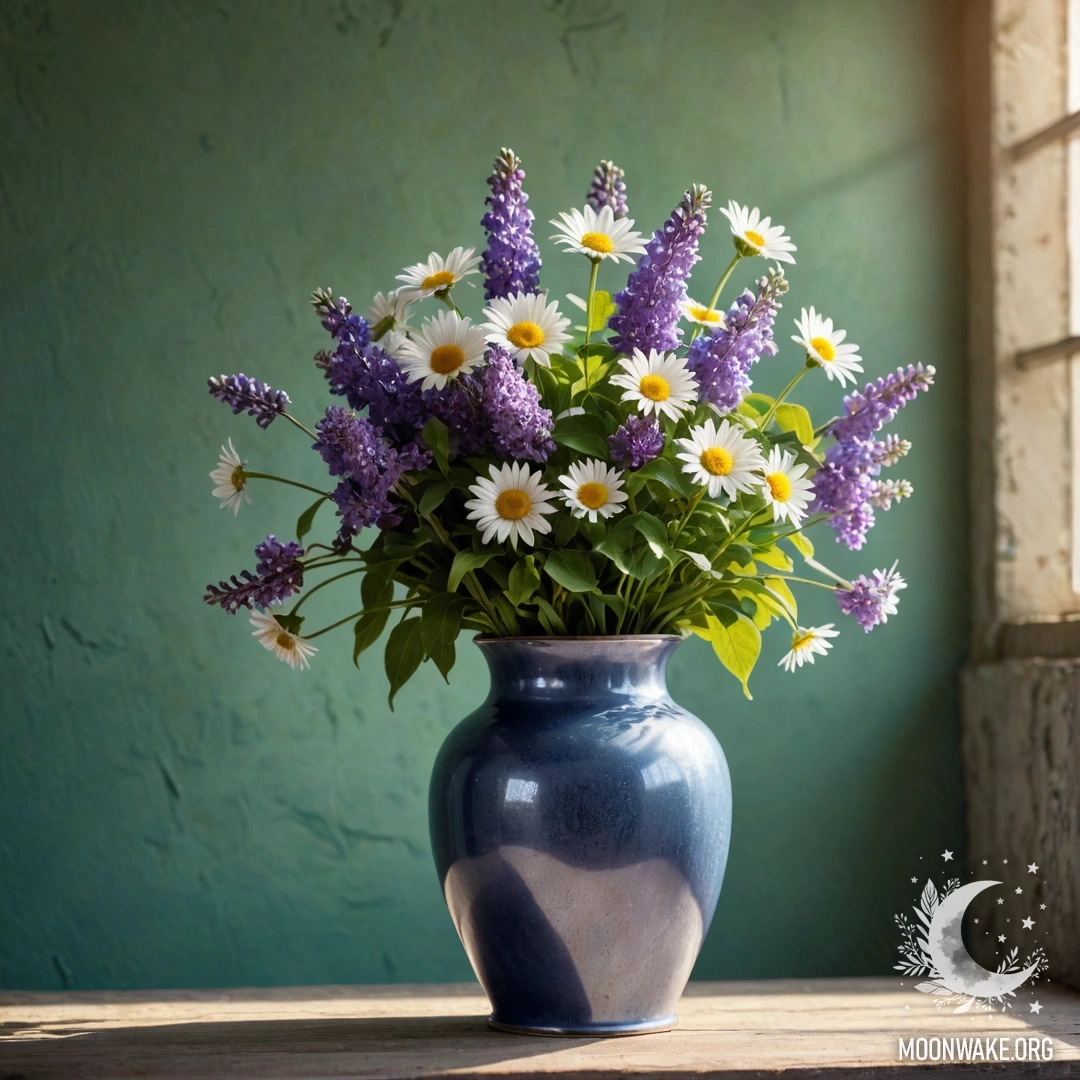 Charming Blue Vase with Flowers A shabby blue metal vase filled with daisies and lilacs against a greenish wall illuminated by sunlight.