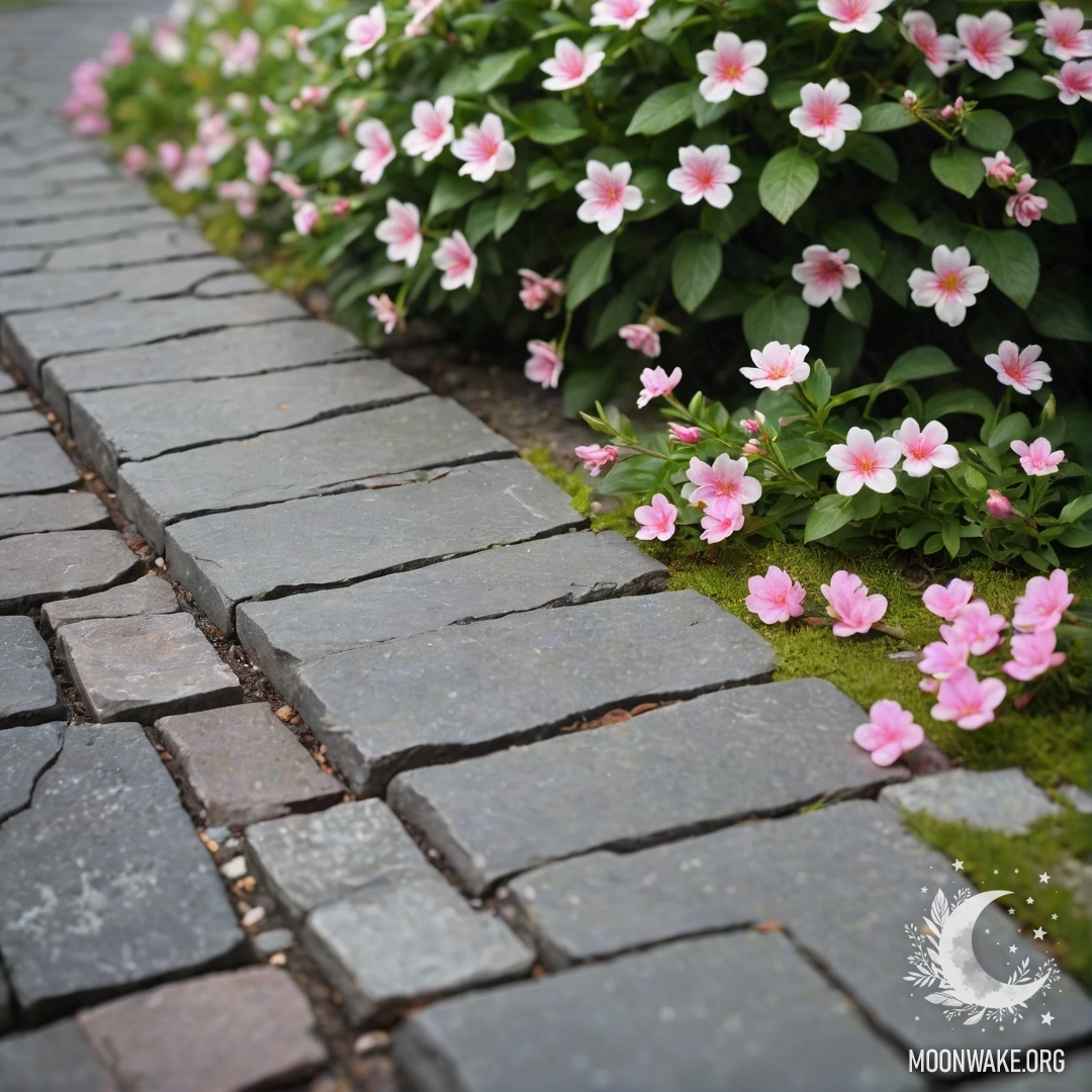 A shabby stone curb adorned with small white and pink flowers and warm garland lights.