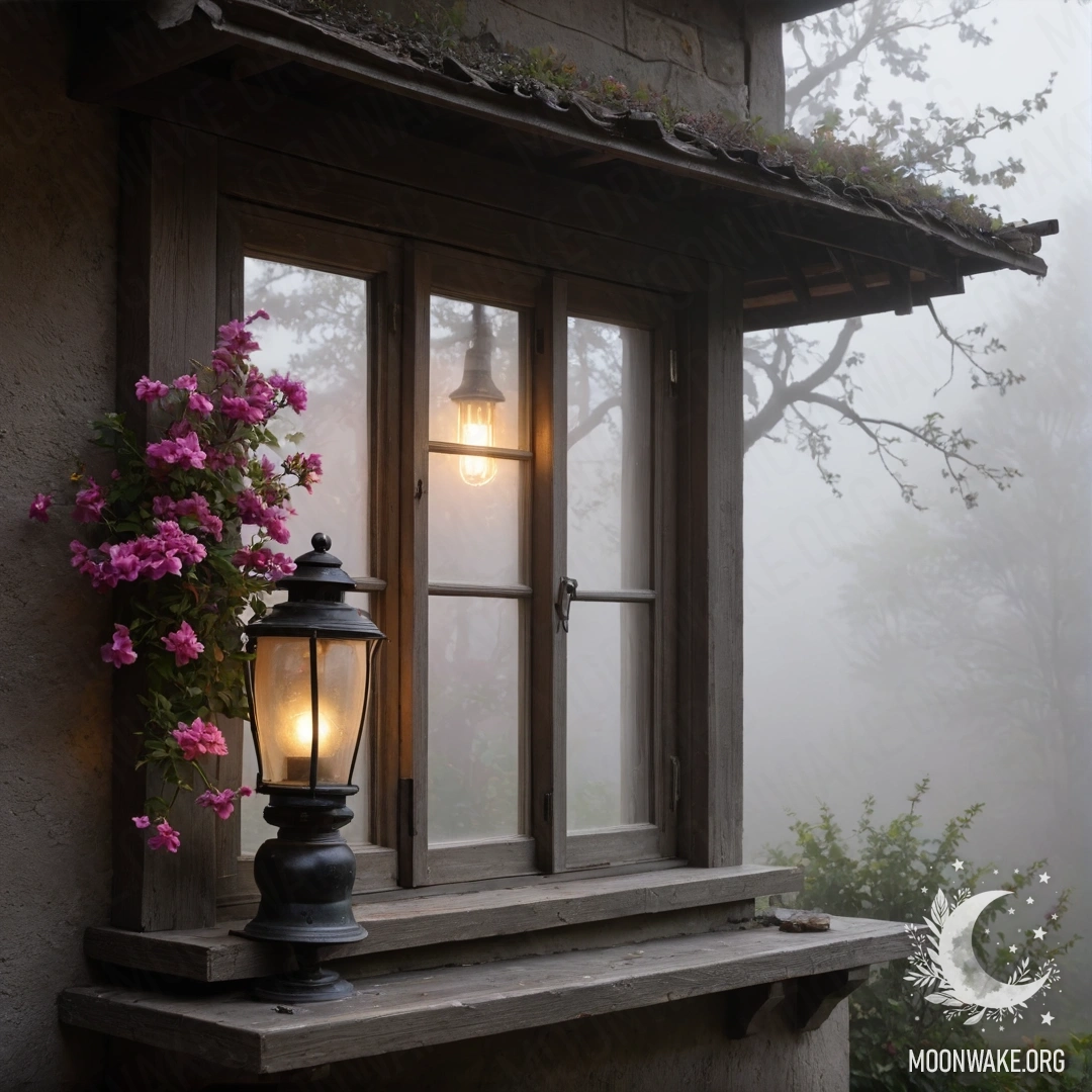 Cozy Shabby Window in Mist A shabby wooden window with shutters, a kerosene lamp above it, and pink flowers curling around the window in dense fog.