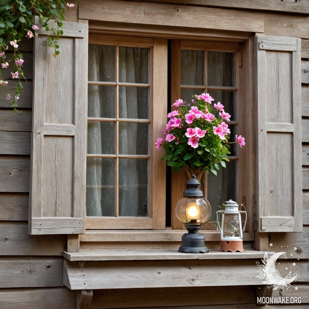 A shabby wooden window adorned with pink flowers and a kerosene lamp.