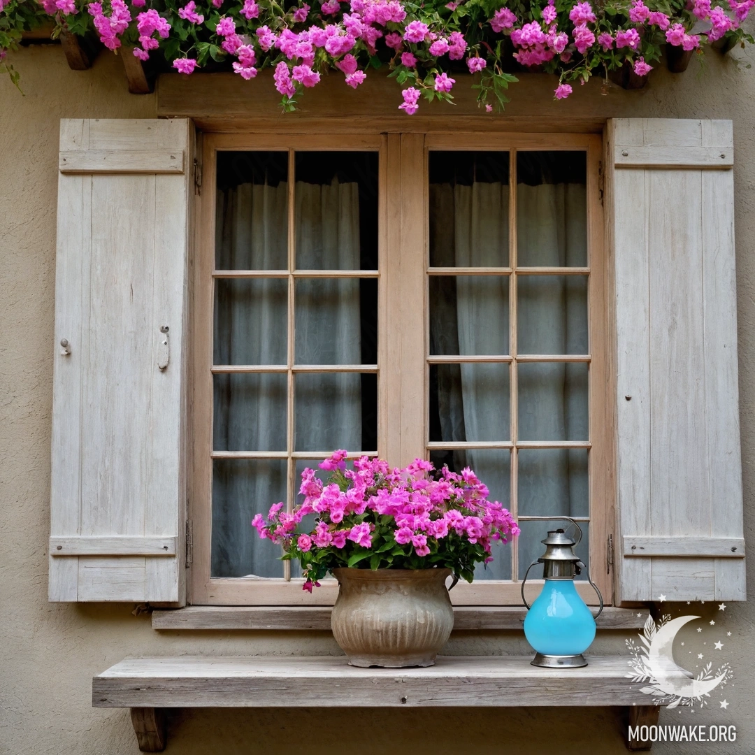 Cozy Shabby Window with Pink Flowers A shabby wooden window surrounded by pink flowers and a kerosene lamp hanging above.
