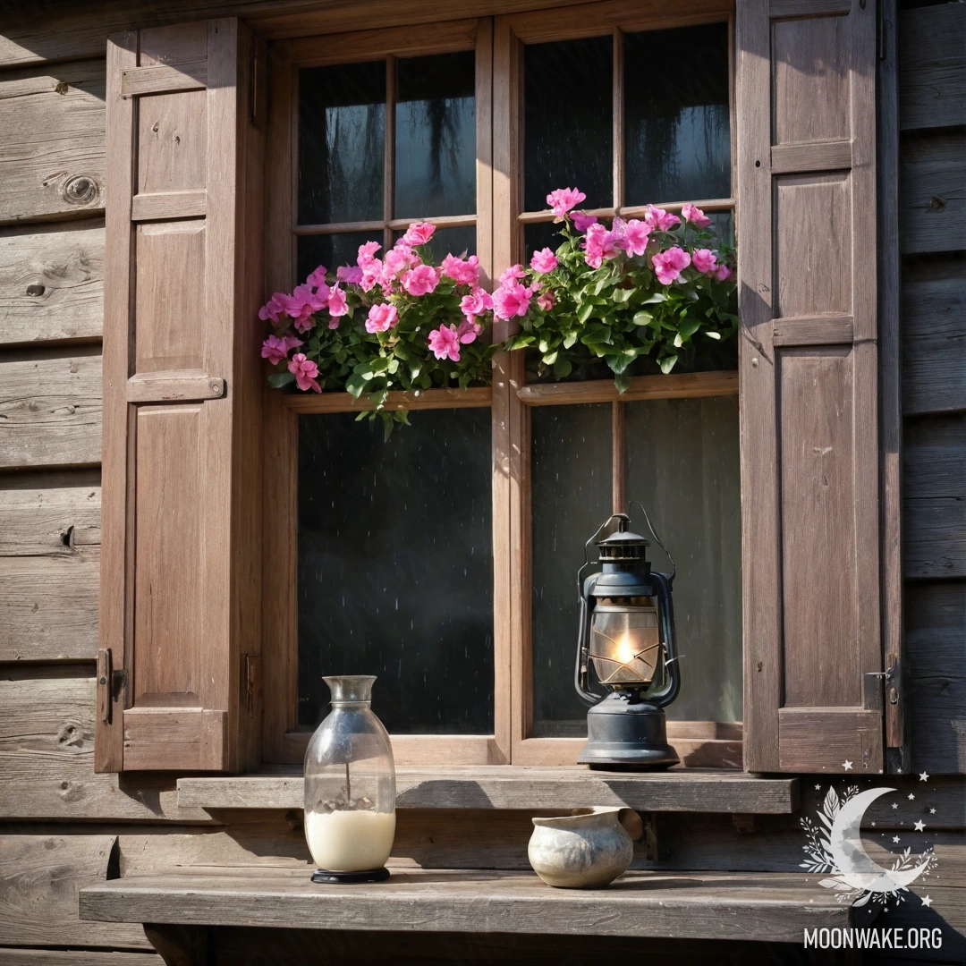 A shabby wooden window with shutters, adorned by pink flowers, and a kerosene lamp hanging above, with rain falling.