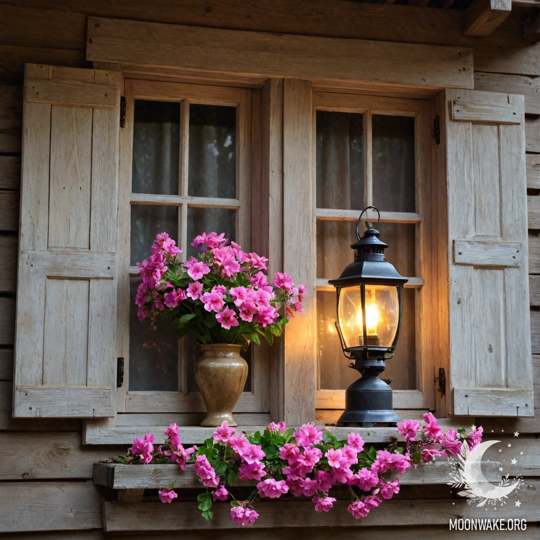 A shabby wooden window adorned with pink flowers and a kerosene lamp.