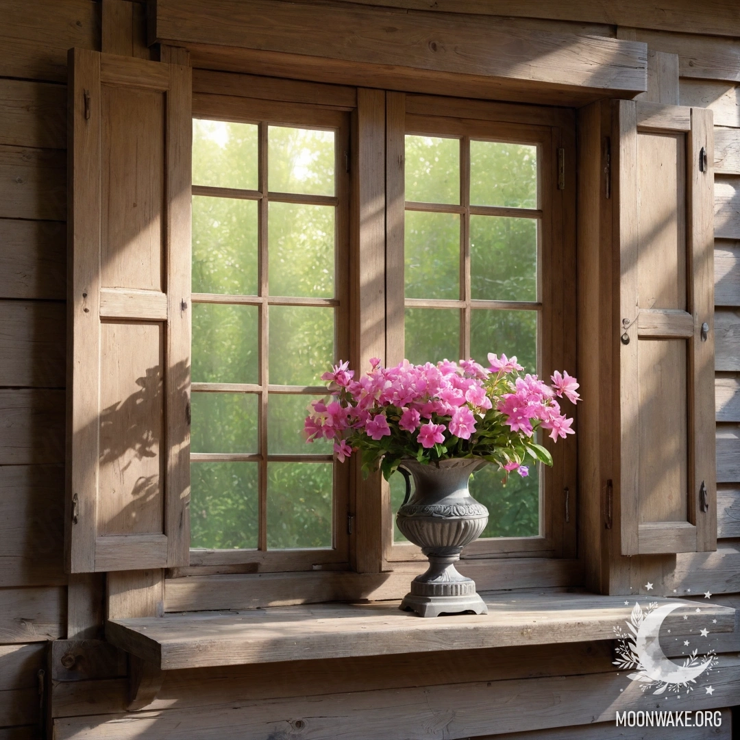 Cozy Shabby Window with Pink Blossoms A shabby wooden window adorned with shutters and pink flowers