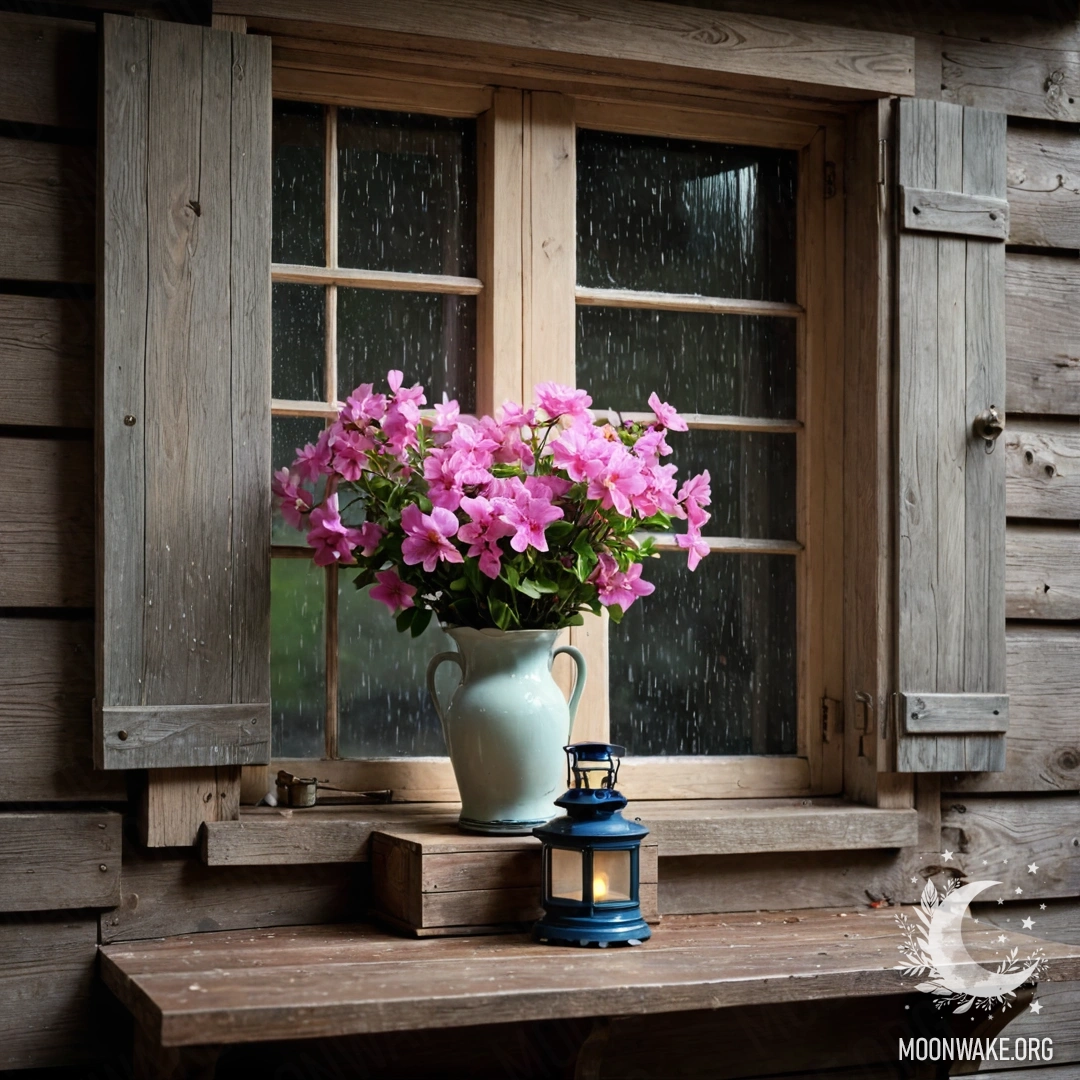 A shabby wooden window with shutters and a kerosene lamp above it, adorned with pink flowers curling around the window in the rain.