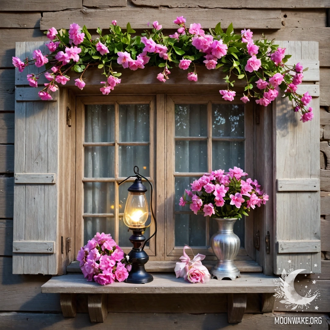 A shabby wooden window adorned with pink flowers and a kerosene lamp.