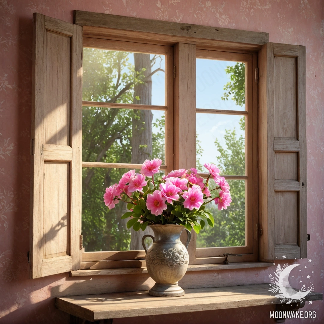 A shabby wooden window with shutters and a kerosene lamp, adorned with a branch of pink flowers and sunlight streaming in.