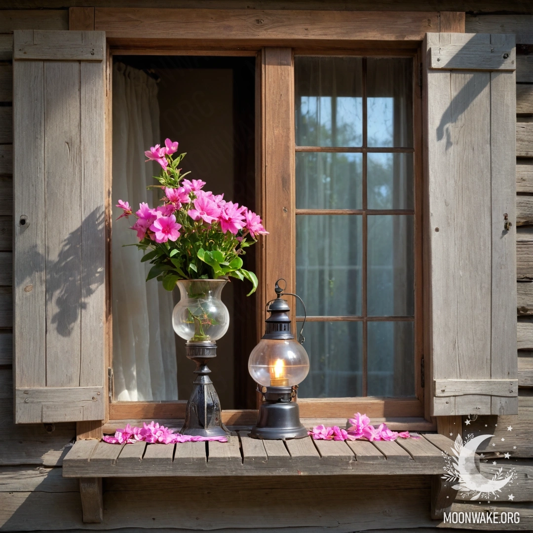 A shabby wooden window with shutters, a kerosene lamp, and pink flowers.
