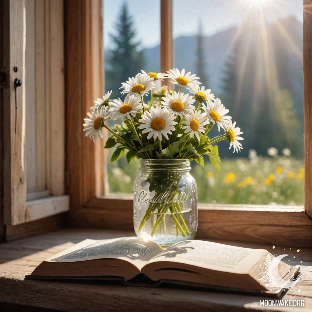 A shabby wooden windowsill with a jar of daisies and an open book beside it, illuminated by soft sun rays.