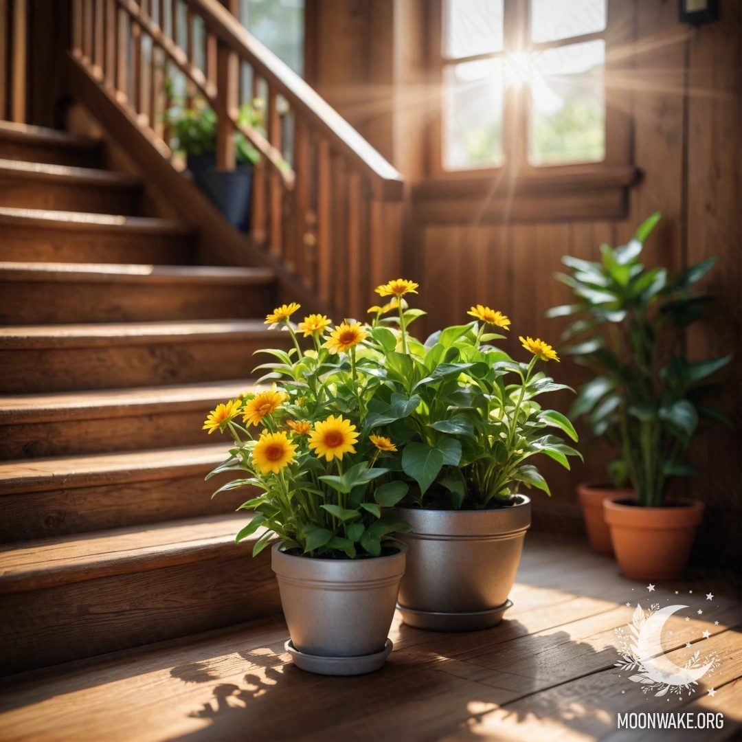 A wooden staircase adorned with flowerpots basking in sunlight.