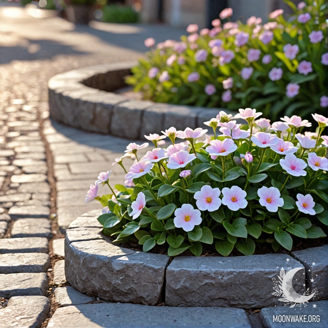 A shabby stone curb adorned with small white and pink flowers, bathed in the warm light of sunset.