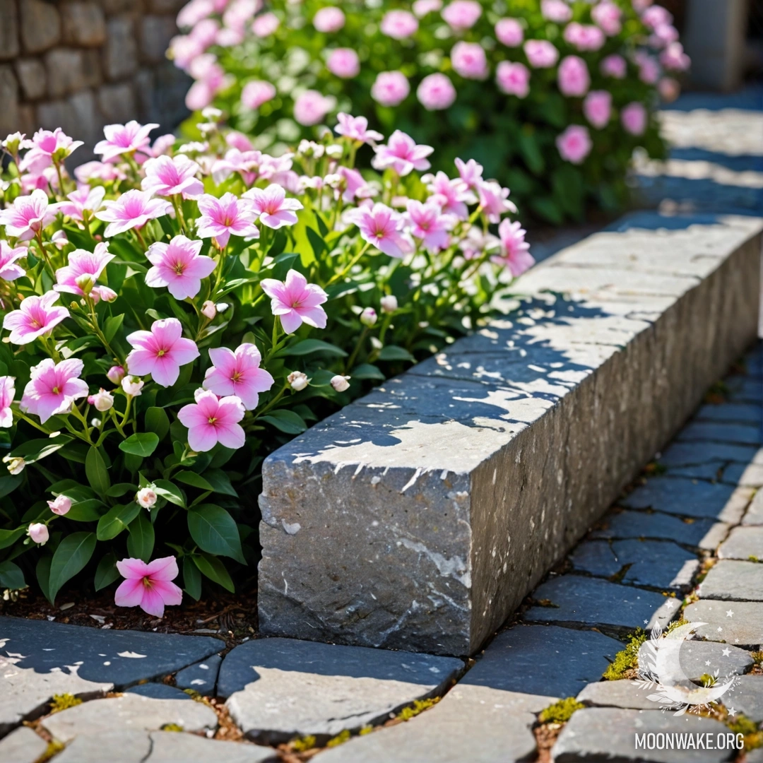A shabby stone curb adorned with growing white and pink flowers and garland lights.