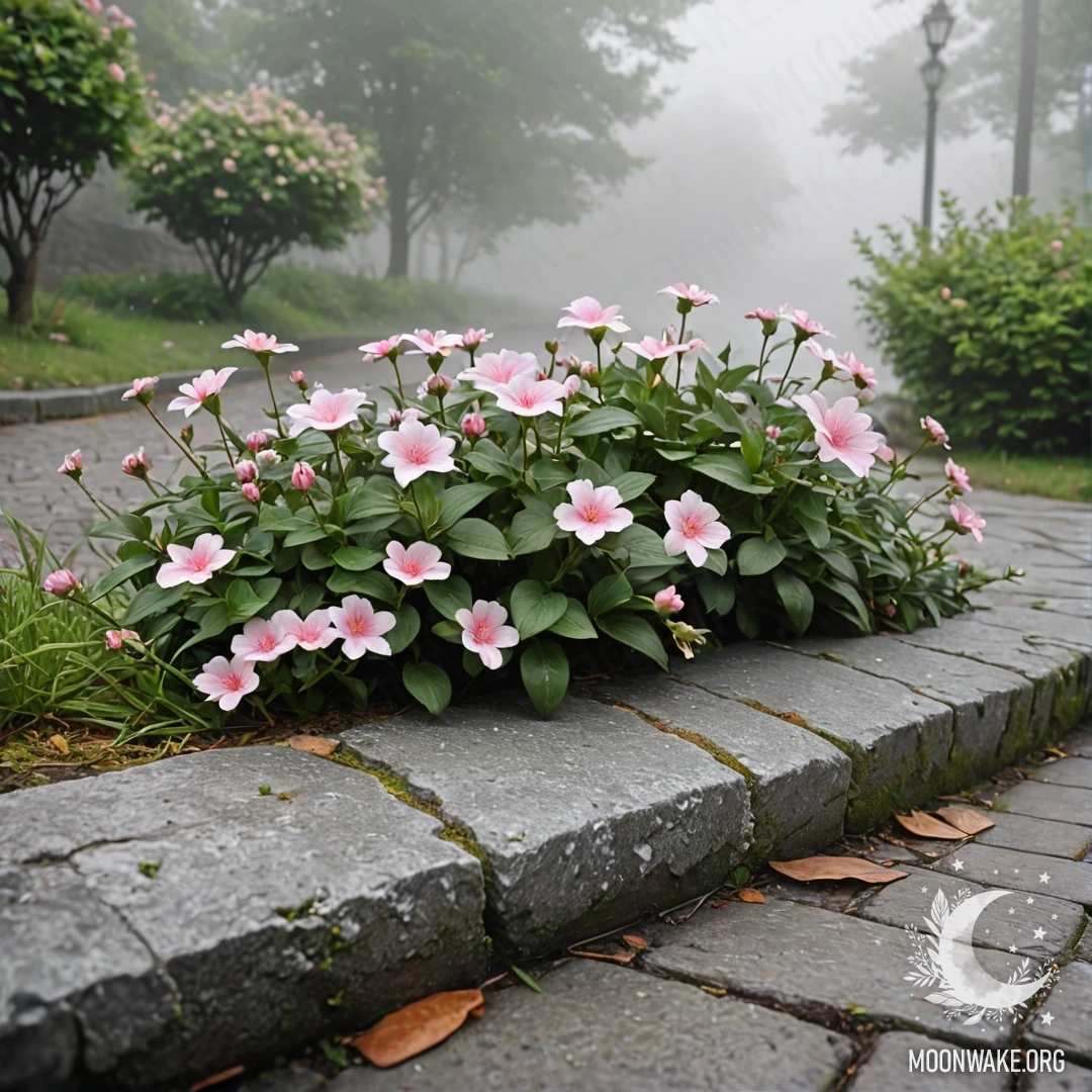 Cozy Stone Curb with Flowers in Fog A shabby stone curb with small white and pink flowers growing behind it in heavy fog.