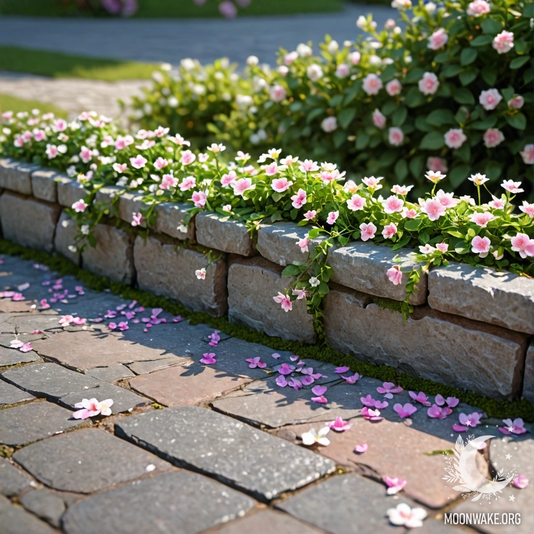 A cozy shabby stone curb with small white and pink flowers growing and garland light shining behind it.