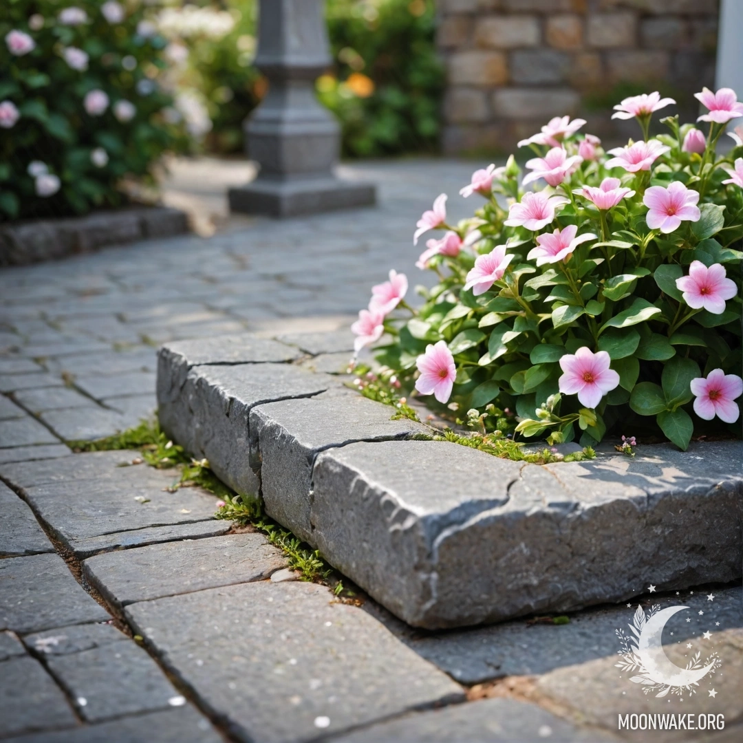 A shabby stone curb adorned with small white and pink flowers, illuminated by garland lights.