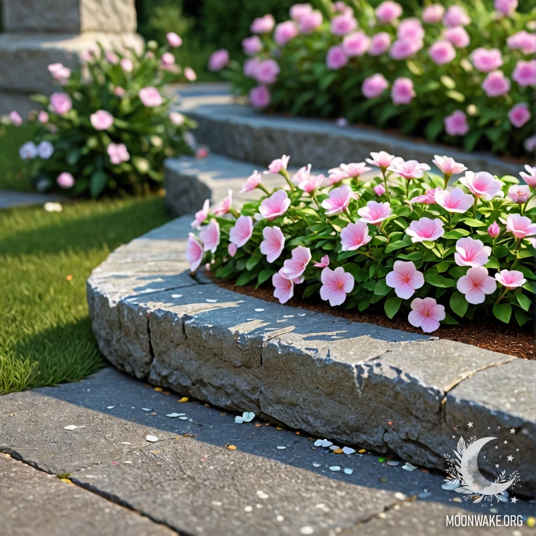 Cozy Stone Curb with Flowers A shabby stone curb with small white and pink flowers growing behind it, illuminated by garland lights.