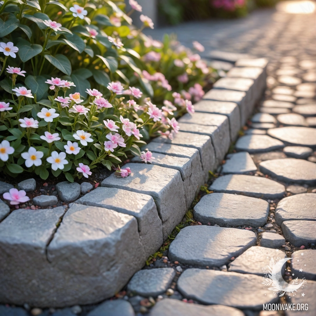 A shabby stone curb adorned with small white and pink flowers at sunset.