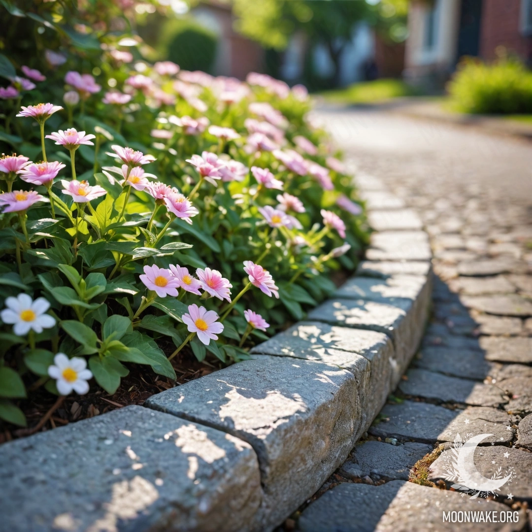 A shabby stone curb adorned with small white and pink flowers.