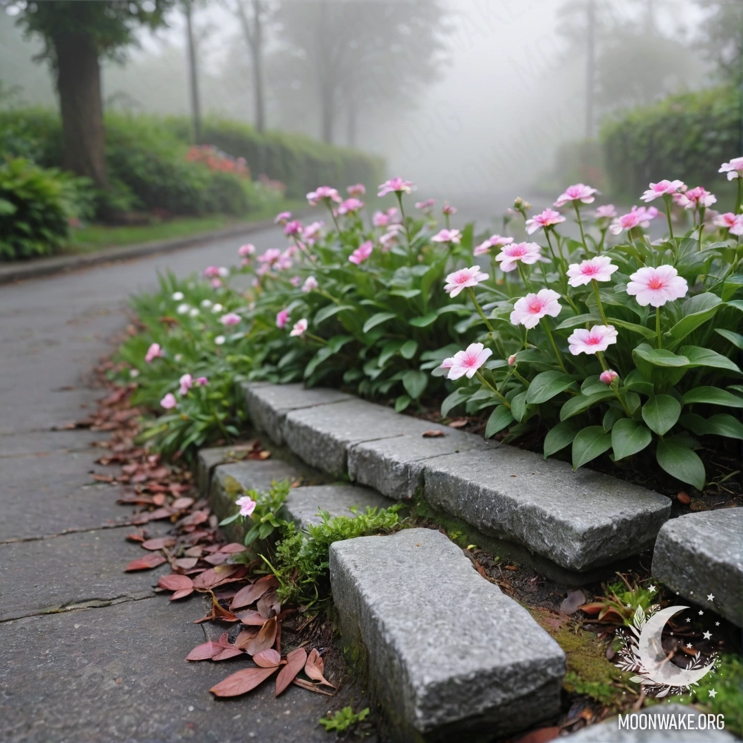 A shabby stone curb adorned with delicate white and pink flowers, shrouded in dense fog.