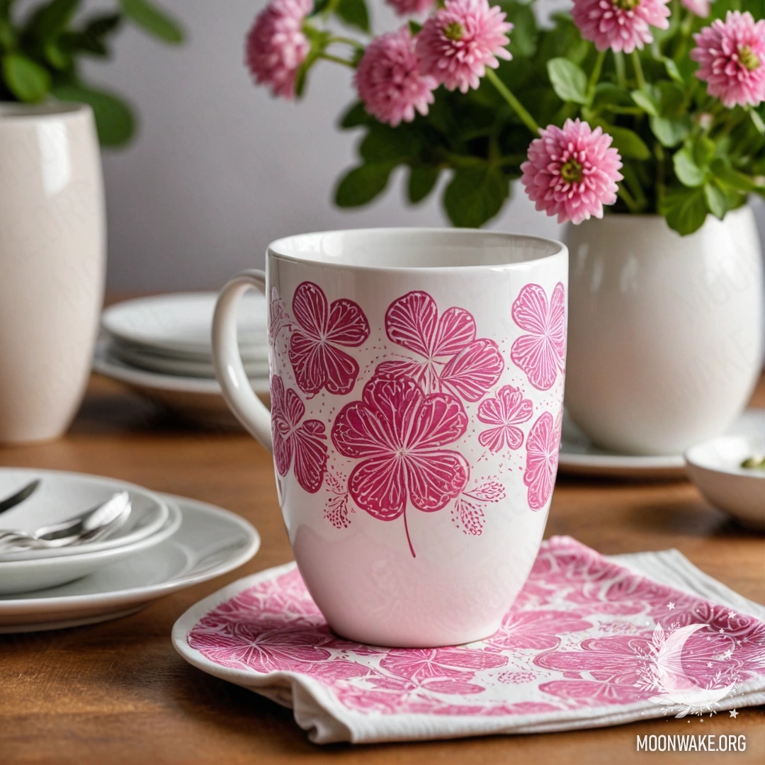 A round straw napkin with white porcelain cups decorated with a pink pattern and a clover in a white vase.