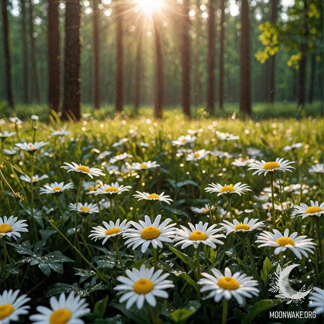 Close-up of daisies under rain with sunlight filtering through trees.