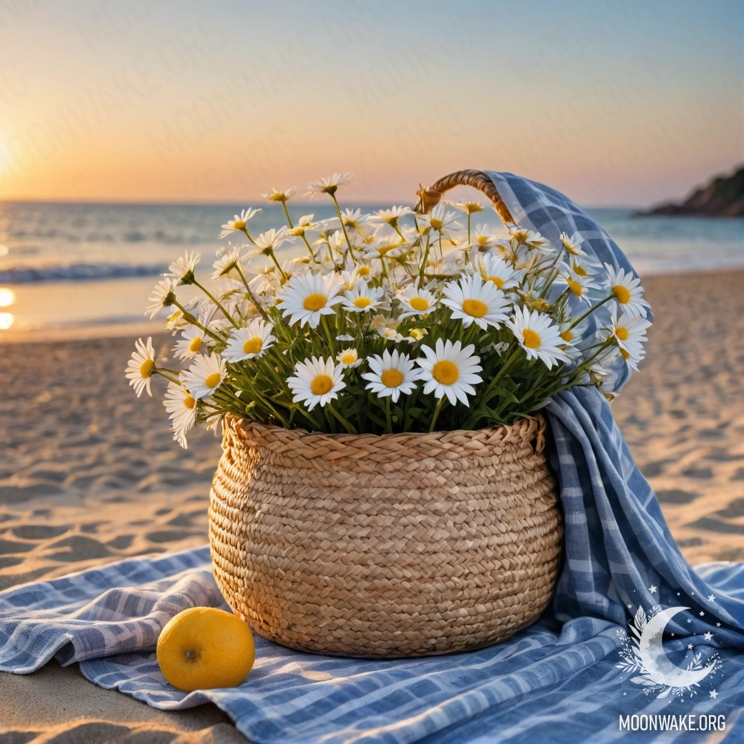 A straw bag with a blue tablecloth and daisies on a sandy beach at sunset