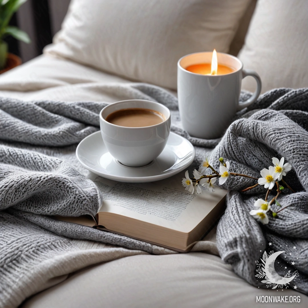 A close-up of a peaceful white chair with a gray knitted blanket, a book, a branch with white flowers, and a white cup of coffee, captured during sunset.