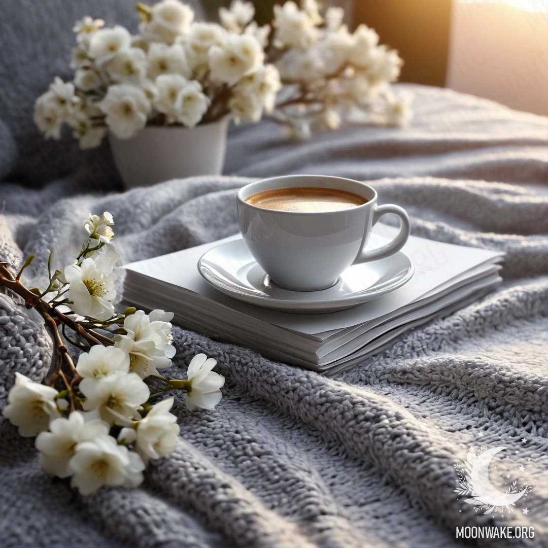 Cozy Sunset Corner A close-up of a beautiful white chair with a gray knitted blanket, a book, a branch of white flowers, and a white cup of coffee under the warm glow of sunset.
