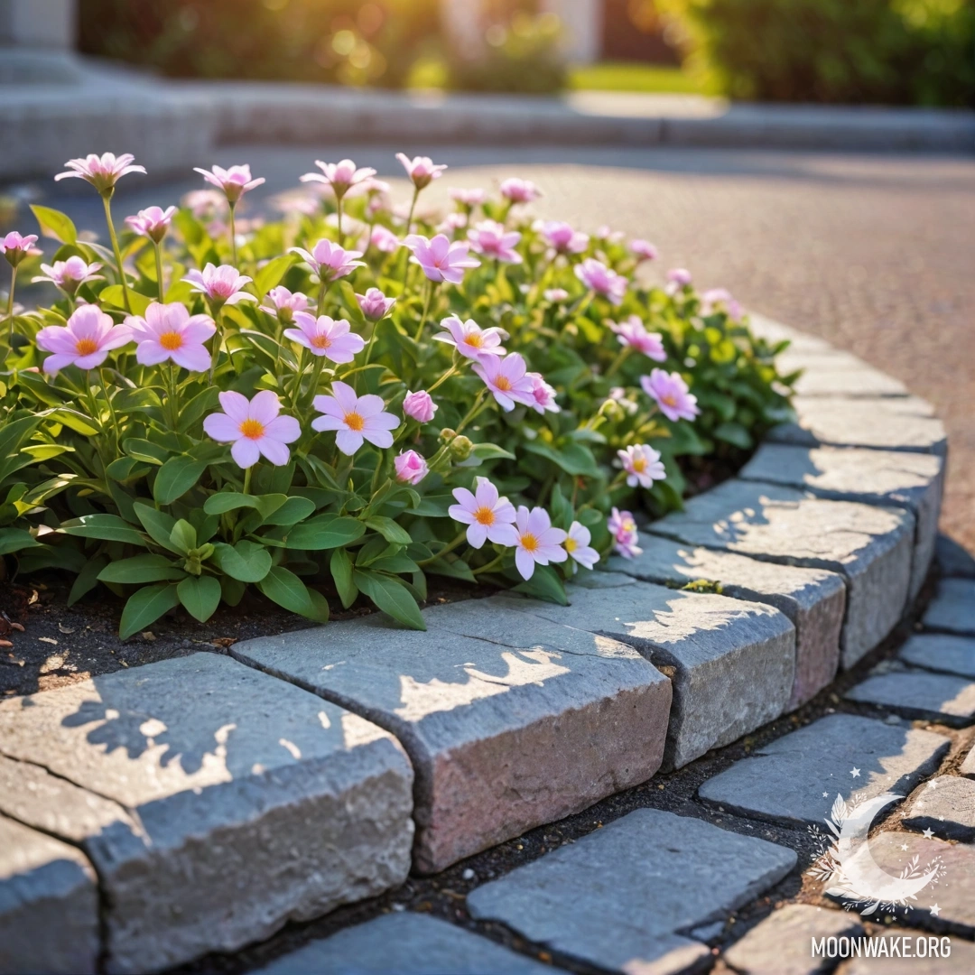 Cozy Sunset Flower Scene A shabby stone curb adorned with small white and pink flowers at sunset.