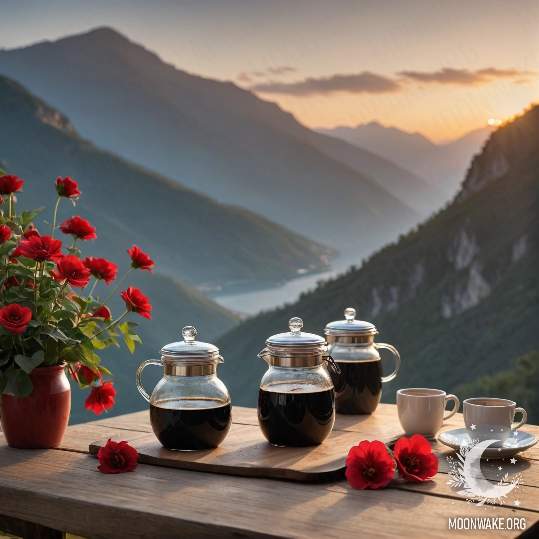 Cozy Sunset with Flowers and Coffee A scenic view of a wooden table with a jar of red flowers, a coffee pot, and cups set against majestic mountains during sunset.