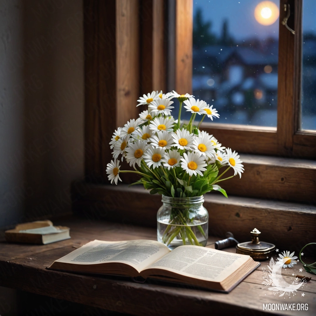 A close-up view of daisies at night with the sun shining through trees at sunset.
