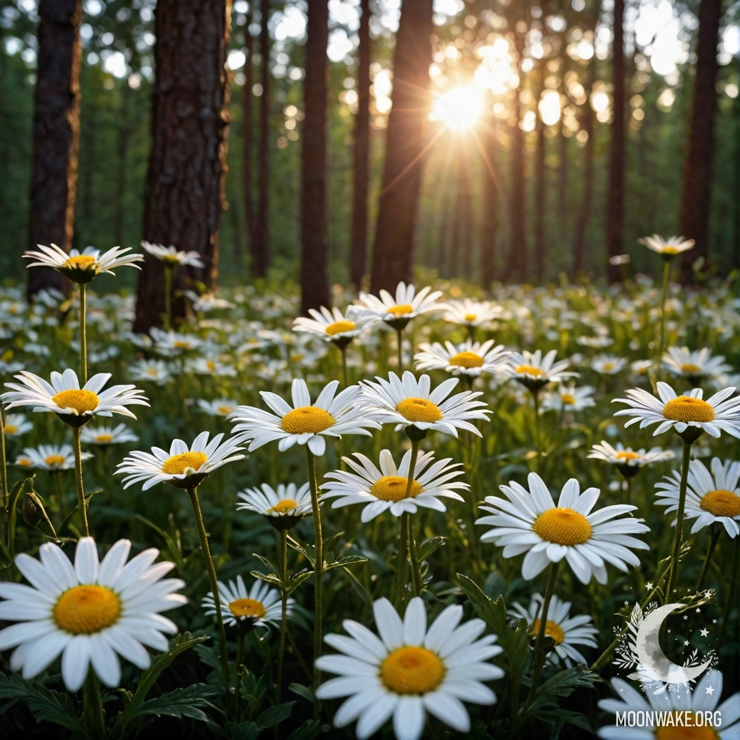 Close-up view of daisies in the dark forest illuminated by sunset light