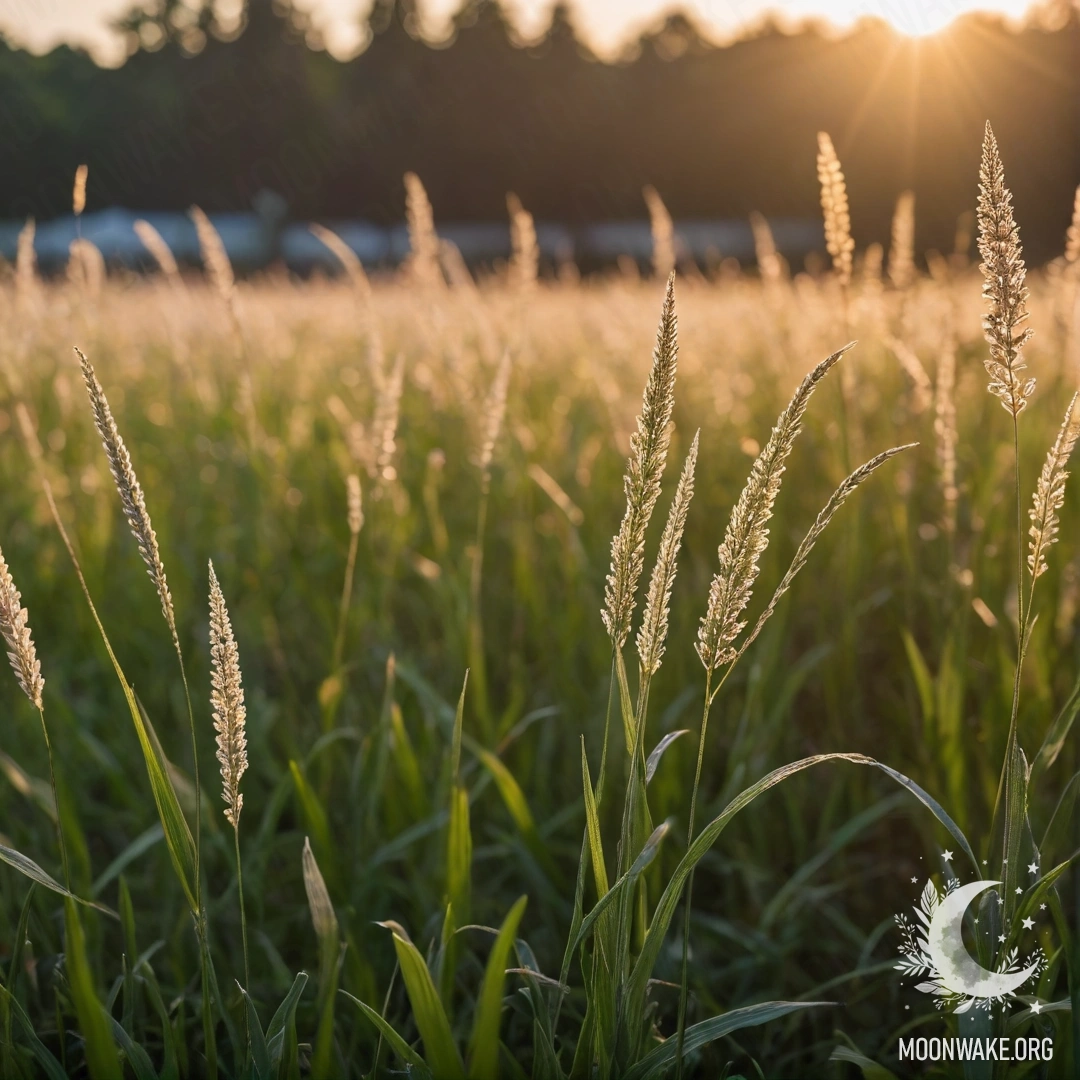 Cozy Sunset in a Lush Field Close-up view of grass in a field with blurred flowers in the background during sunset.