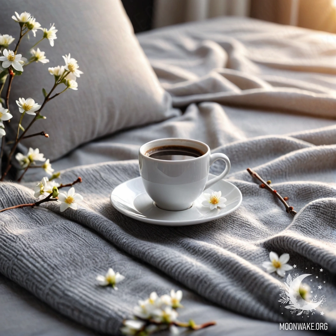 A close-up of a sweet white chair with a gray knitted blanket, a book, a branch with white flowers, and a cup of coffee, captured during sunset.