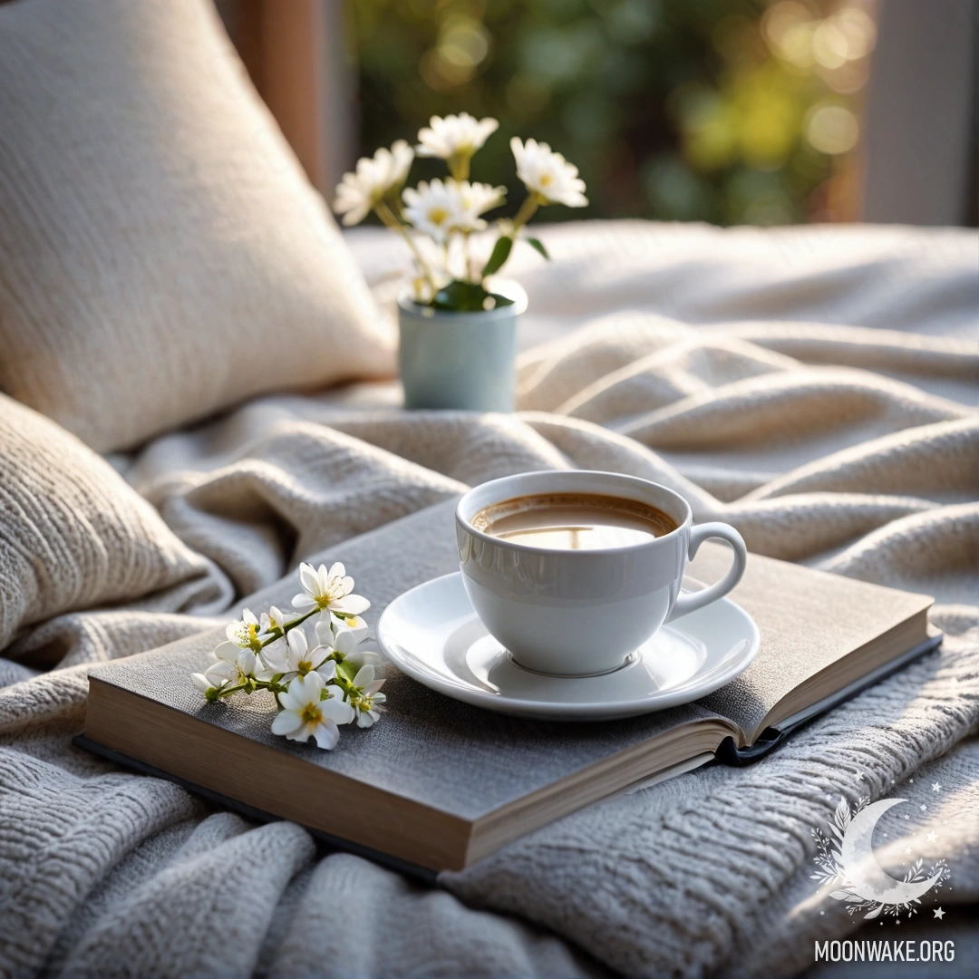 Cozy Sunset Moments A close-up of a white chair with a knitted blanket, a book, and a white cup of coffee, decorated with a branch of white flowers during sunset.
