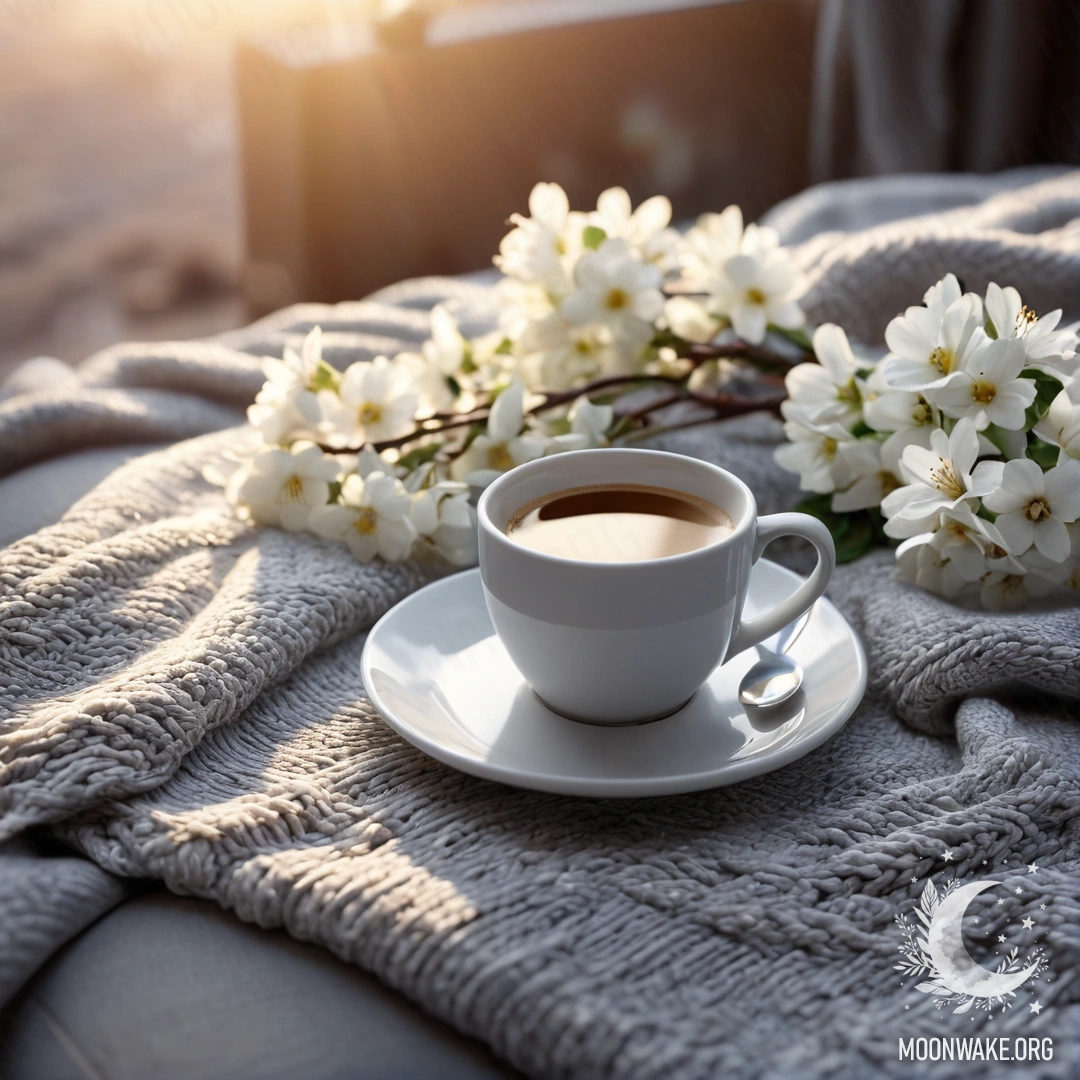 Cozy Sunset Nook A close-up of a beautiful white chair with a gray knitted blanket, a book, a branch with white flowers, and a white cup of coffee during sunset.