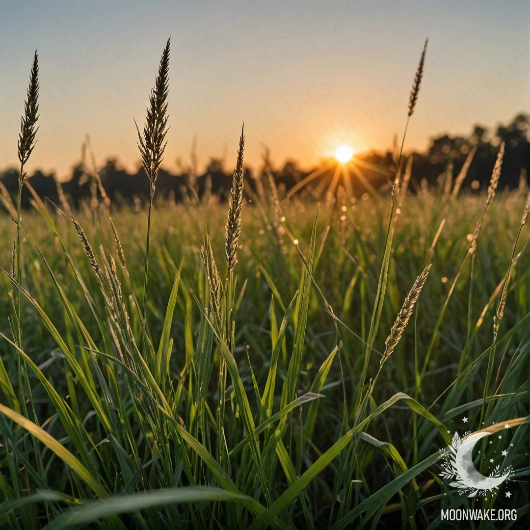 A close-up view of grass in a field during sunset with bokeh effects.