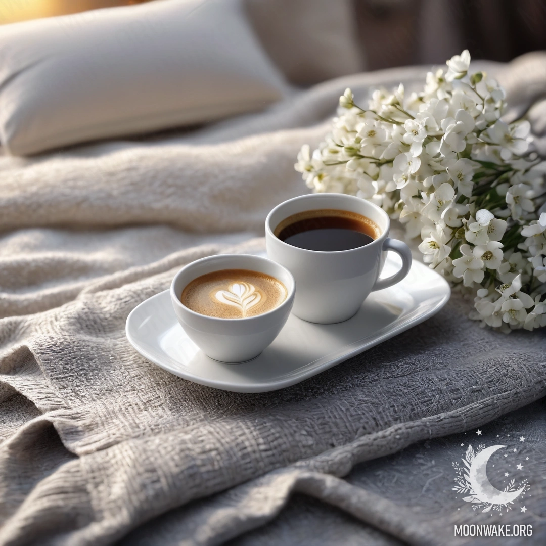 A close-up of a white chair with a gray blanket, a book, a branch of white flowers, and a coffee cup during sunset.